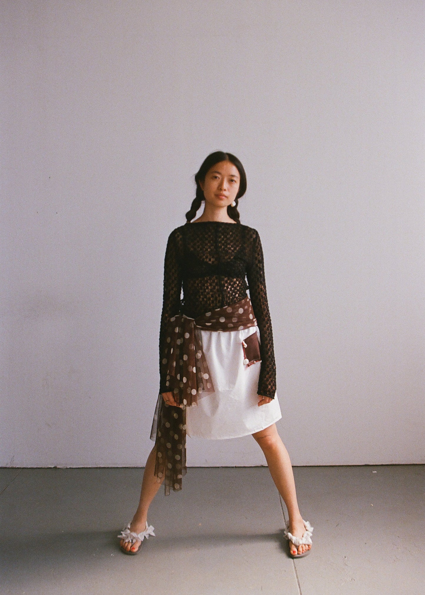 brown and white polka dot skirt