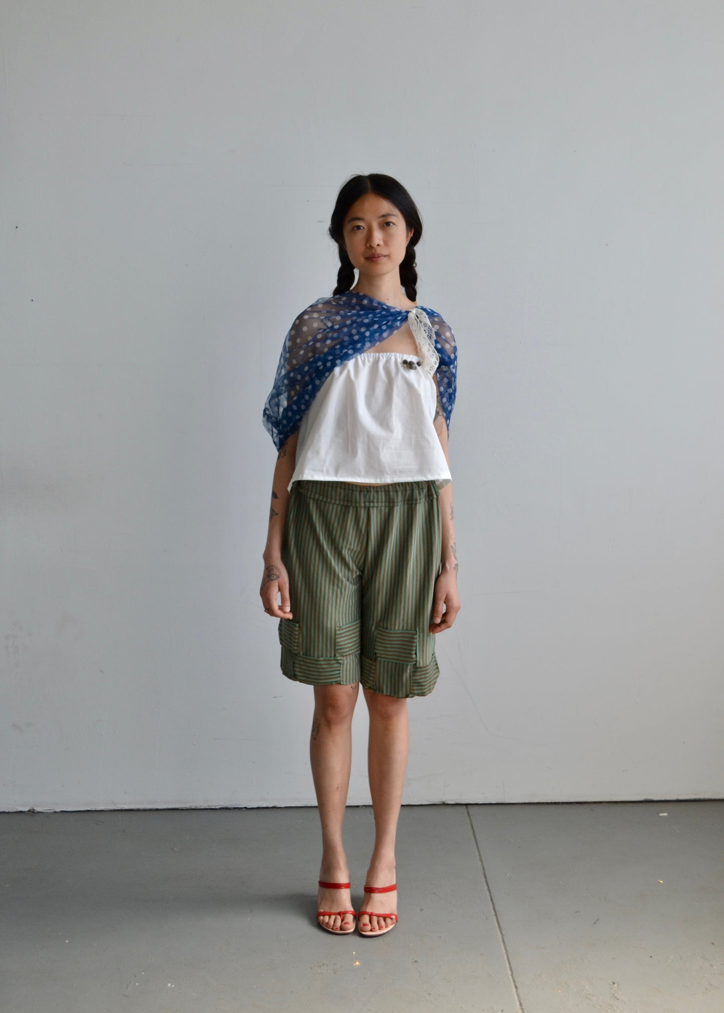 jersey shorts - brown and green striped with woven leg